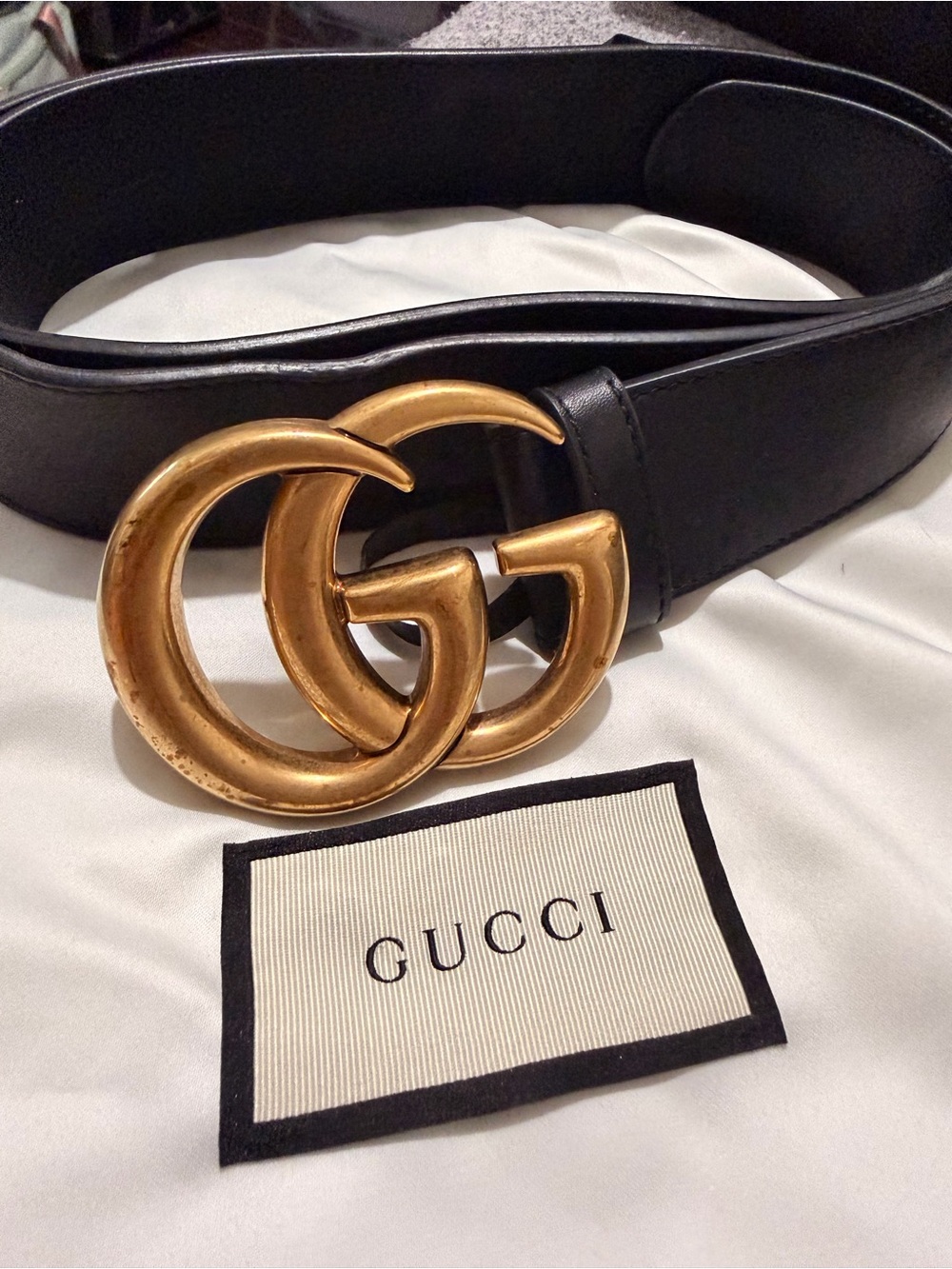 Authentic Gucci Black Leather Belt with Antique Gold Double G Buckle
